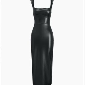 Commense black faux leather midi knee dress pencil pleather club cocktail party